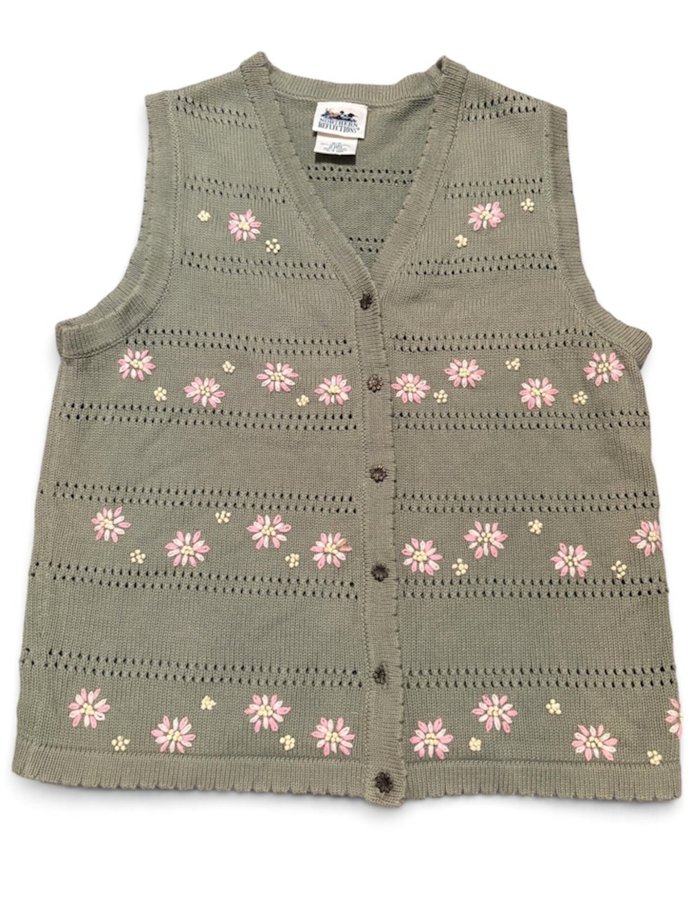 Vintage Northern Reflections Olive Green Knit Vest with Pink Flower Embroidery